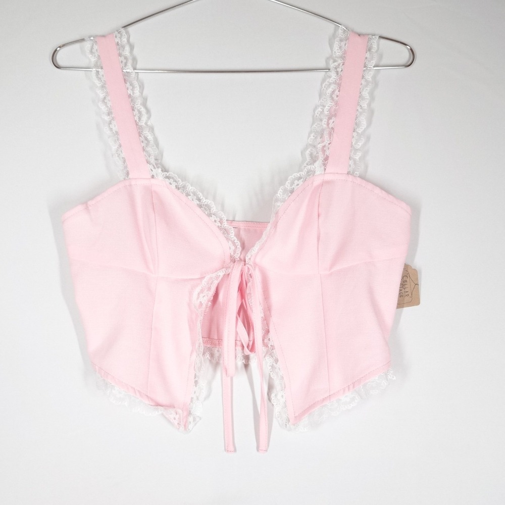 Cami Top Women Size 80 Pink Lace Trim Tie Front Coquette Romantic Balletcore